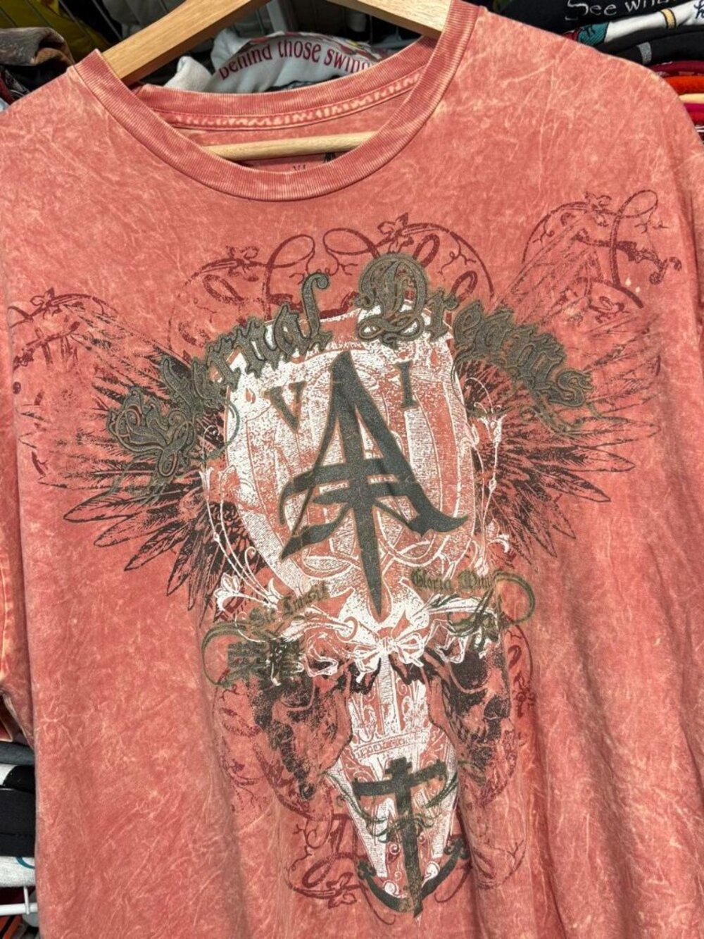 Y2K Aqua VI baroque skull crest gothic text graphic t shirt acid wash red